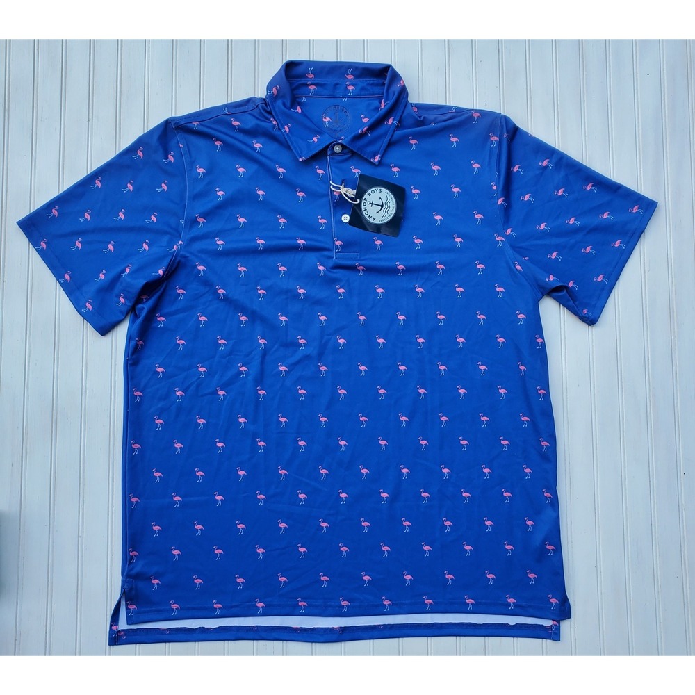 Anchor Boys Mens XL Flamingo Print Performance Golf Polo Shirt Blue Pink